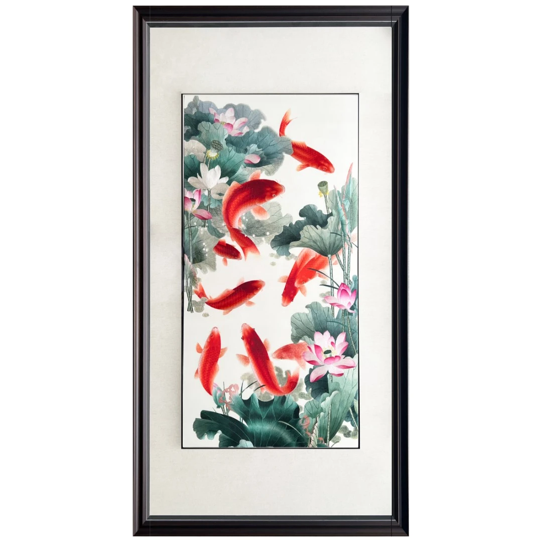 纯手工苏绣刺绣荷花鱼玄关走廊中式挂画装饰