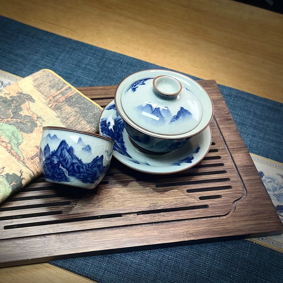 景德镇陶瓷釉下彩千里江山老陶泥盖碗套组茶具套组两件套主人杯