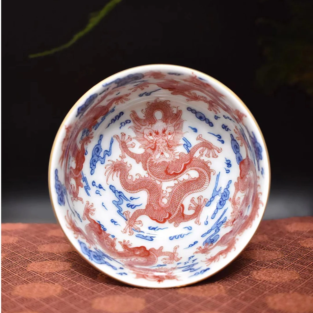 景德镇青花釉里红九龙茶杯80-120ml釉下彩龙纹描金重工主人杯高档