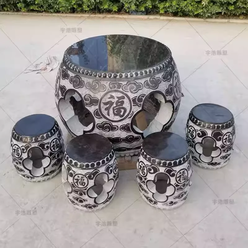 石雕石桌石凳纹理花园一套别墅家用户外石头茶桌椅天然青石圆桌子