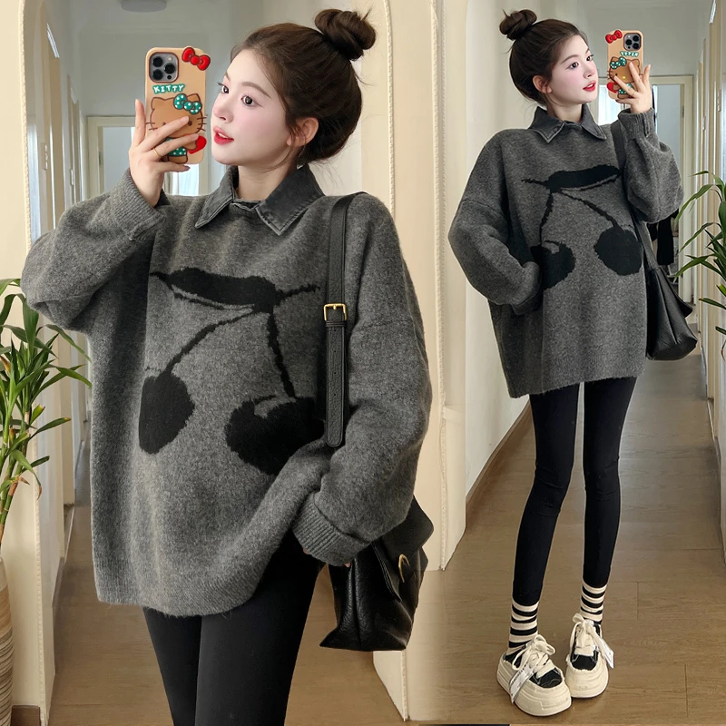 大码孕妇翻领遮肚毛衣秋冬装韩版时尚减龄针织上衣字母裙子200斤