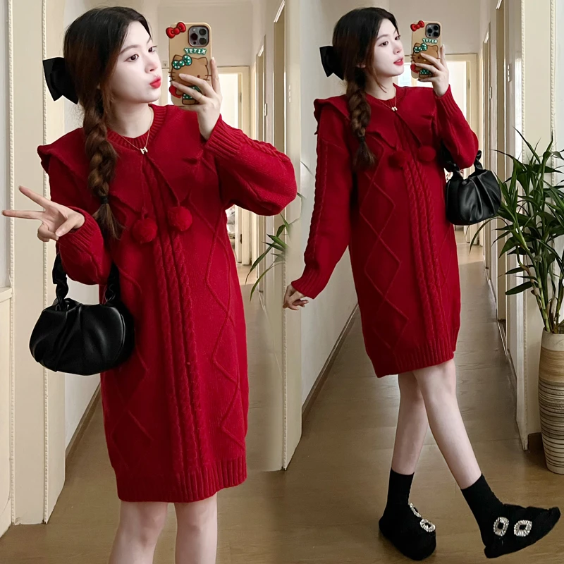 大码孕妇红色毛衣时尚圣诞新年显瘦过膝针织长裙打底连衣裙200斤