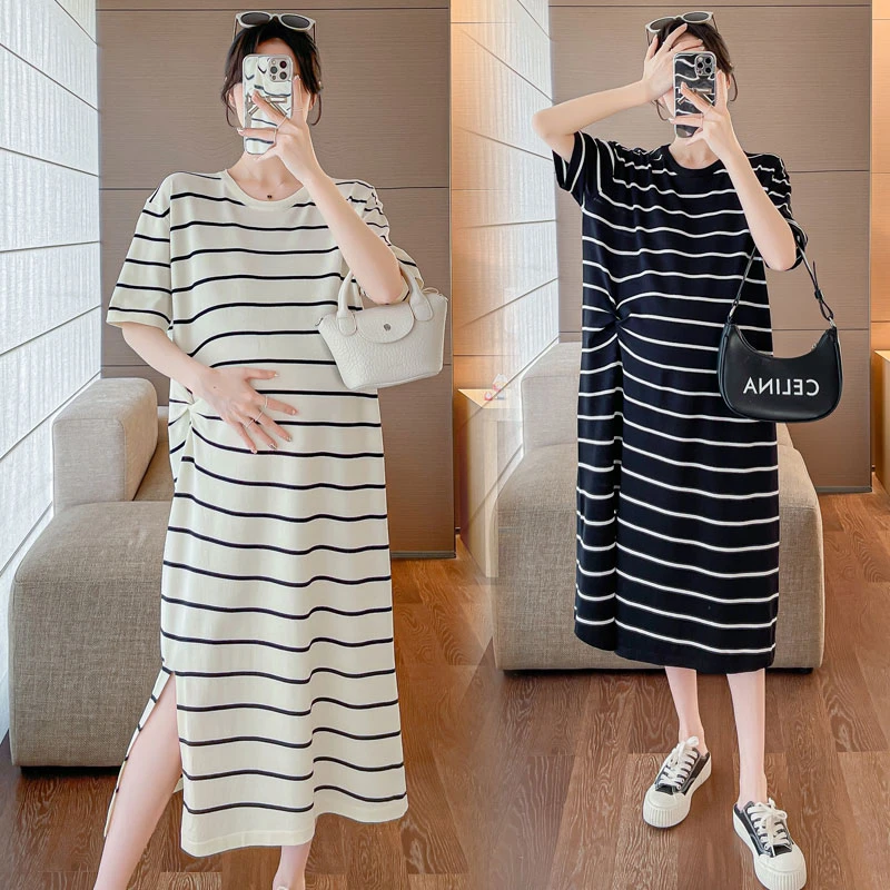 大码孕妇连衣裙夏装韩版短袖条纹裙子200斤网红宽松中长款T恤裙女