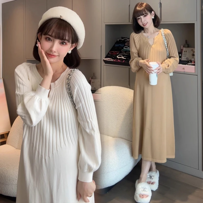 加大码孕妇针织连衣裙秋冬装时尚新款V领长裙显瘦宽松打底衣200斤