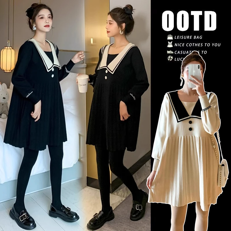 加肥大码孕妇翻领毛衣上衣春秋装学院风宽松针织遮肚连衣裙200斤