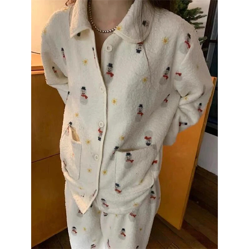 【保暖家居服】高级甜美可爱雪人印花法兰绒睡衣女冬季2025加厚套装