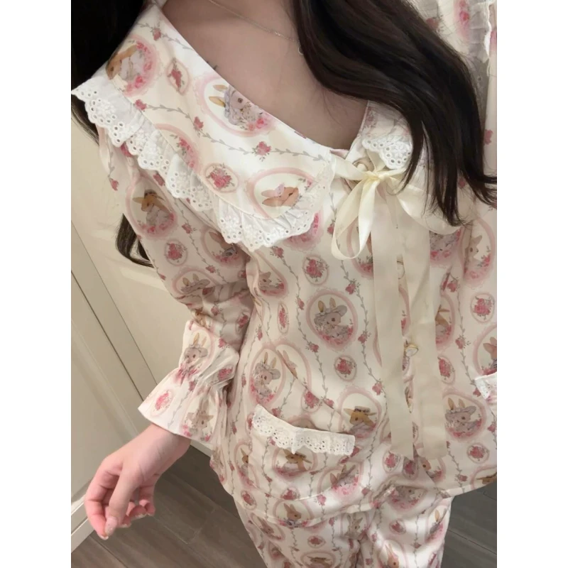 公主风法式冰丝睡衣女春秋款2024新款兔子印花长袖长裤家居服套装