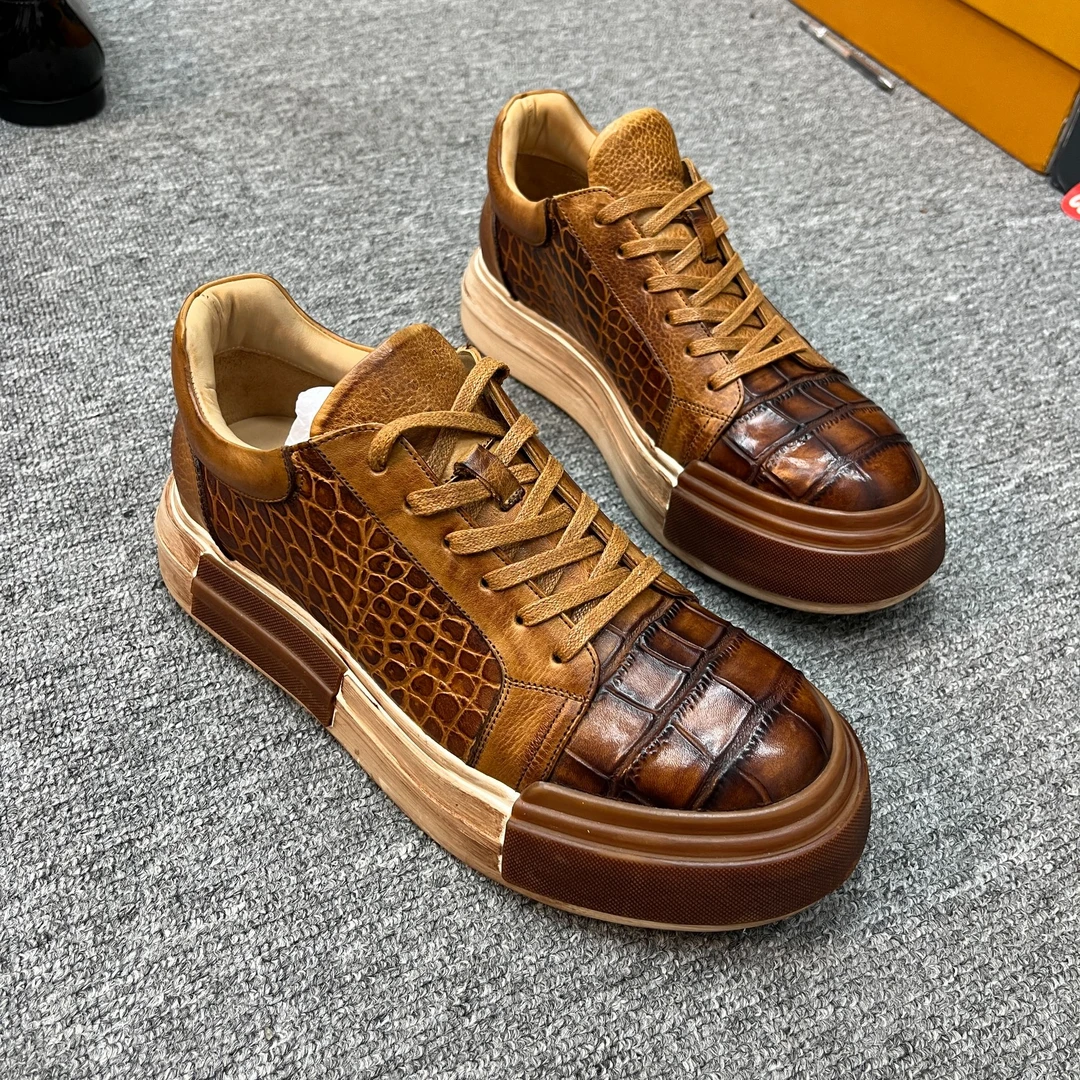 2025新款复古透气真皮板鞋男做旧厚底休闲鞋发泡底男士舒适潮鞋