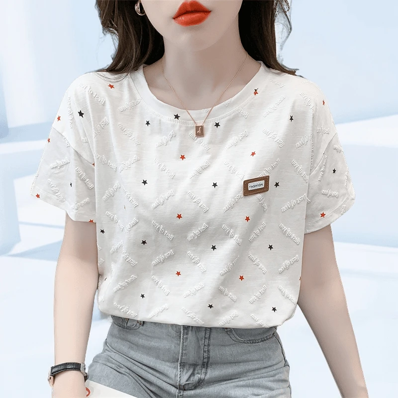 棉质短袖t恤女夏装2025新款宽松遮肚子印花设计感百搭体恤上衣潮