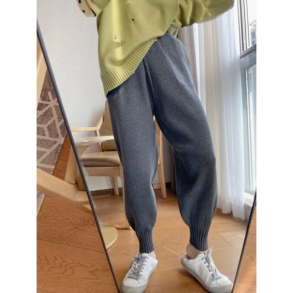灰色针织卫裤女秋冬运动裤裤子休闲阔腿裤萝卜束脚哈伦毛呢软糯裤