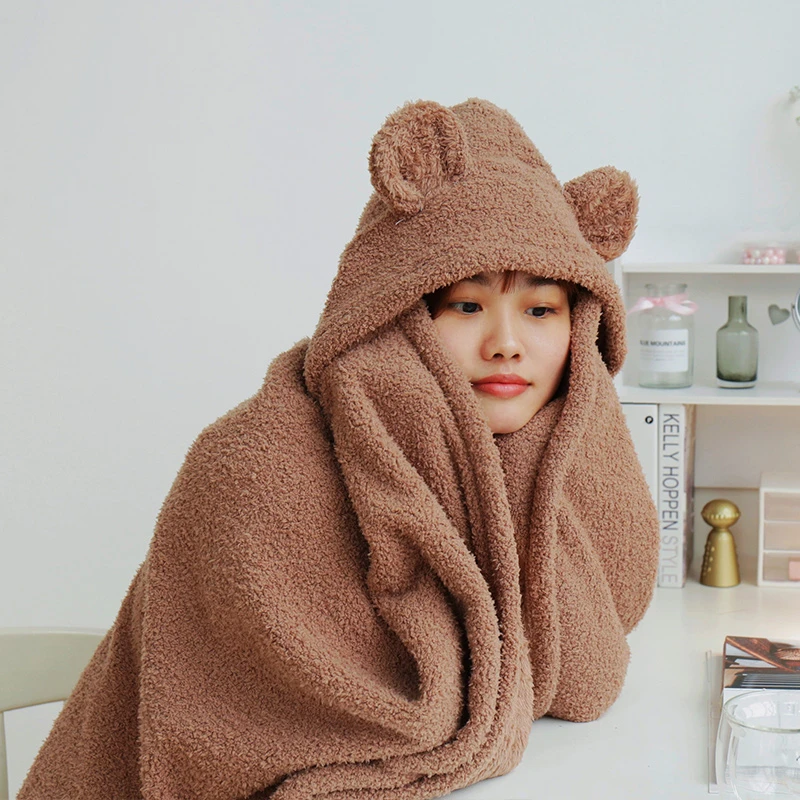 带帽斗篷小毛毯办公室披风连帽毛毯冬季加厚学生午睡毯柔软不掉毛