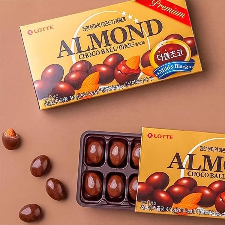 乐天韩国进口乐天扁桃仁夹心巧克力豆46g果仁巴旦木杏仁休闲零食
