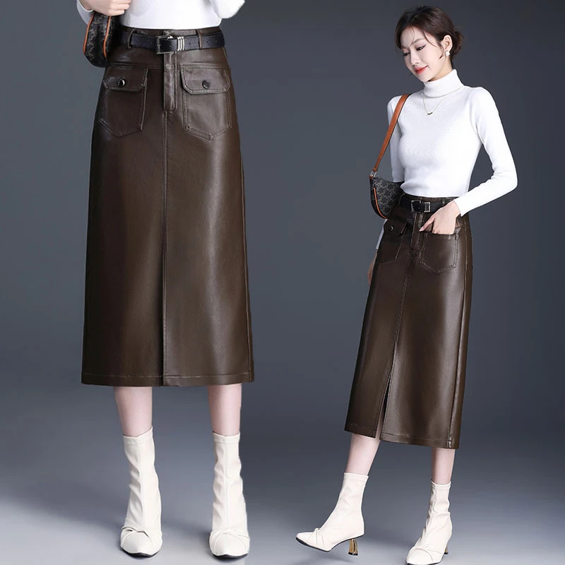 【鑫诗妮】半身裙女2023秋冬新款皮中长款气质包臀裙高腰开叉一步裙