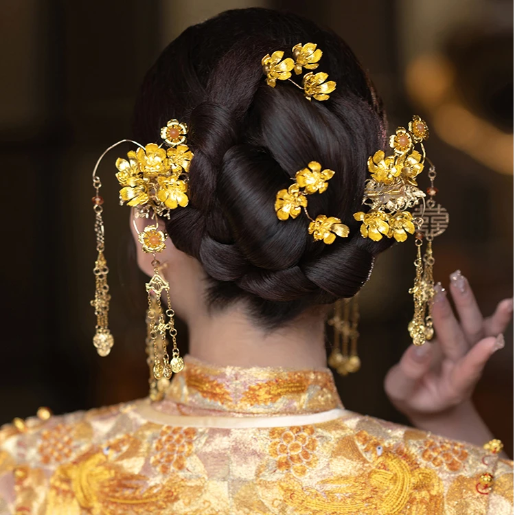 GZ211新中式金色简约秀禾头饰新娘复古鎏金旗袍发簪古典龙凤褂