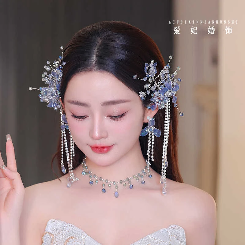 SG229新娘蓝色超仙侧边夹头饰人工水晶流苏对夹跟妆礼服宴会饰品