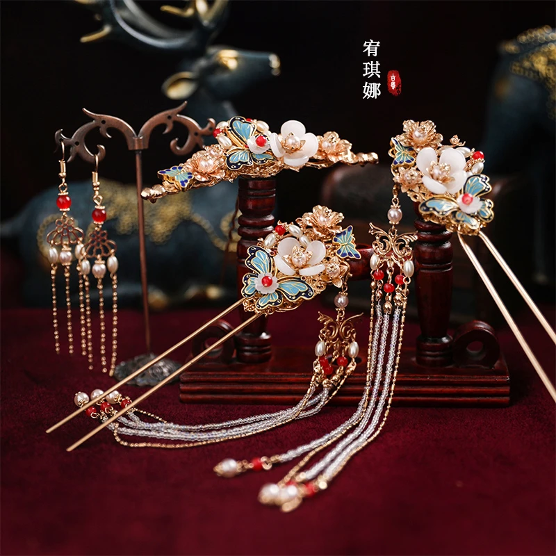 FZ408宥琪娜原创古风汉服头饰套装景泰蓝发簪仙气明制发簪子