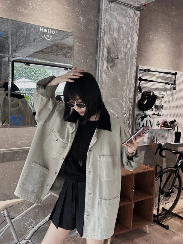 #RT复古抹茶^灯芯绒领^工装多口袋外套