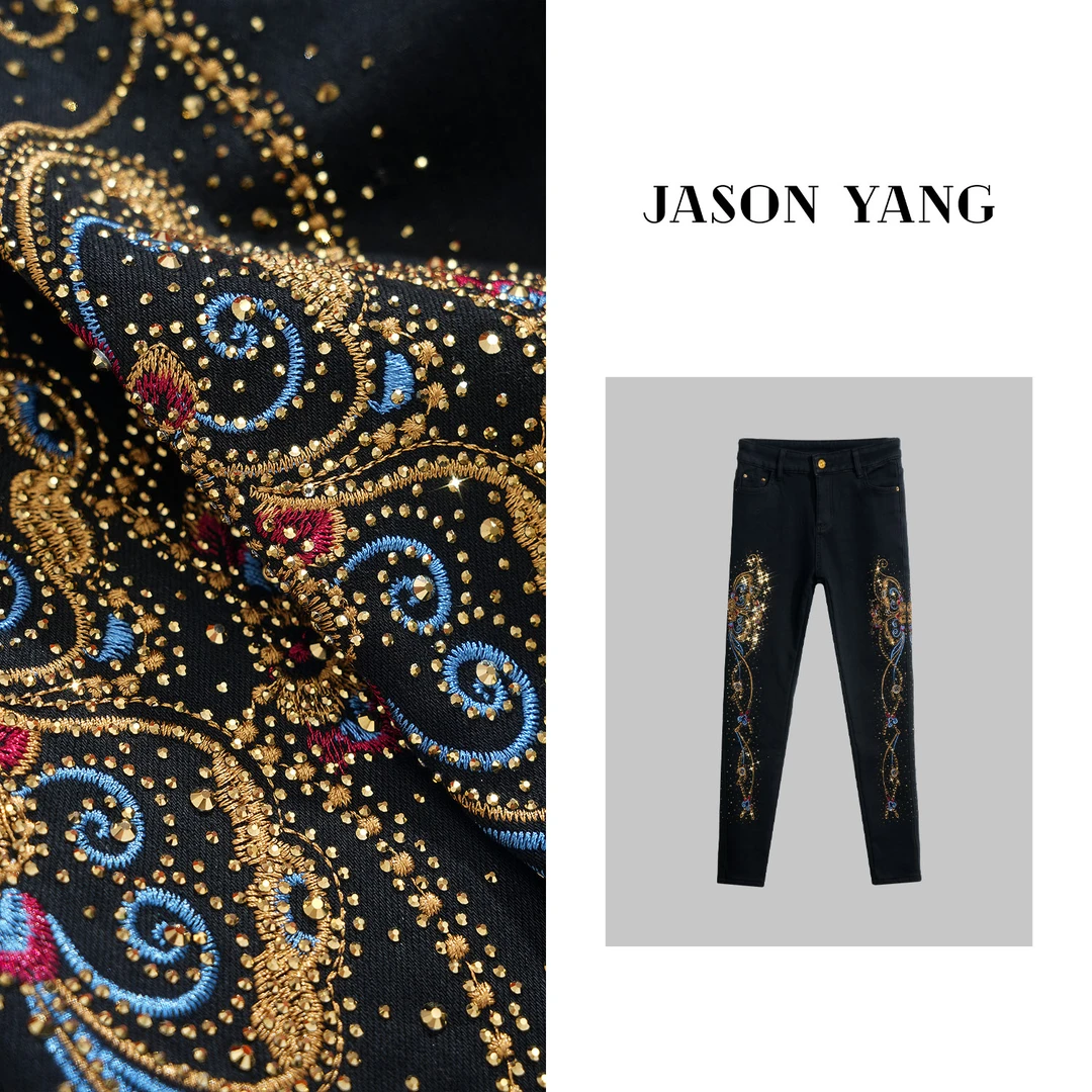 丽丽家 秋冬新款金丝烫钻蝴蝶刺绣重工显瘦牛仔裤