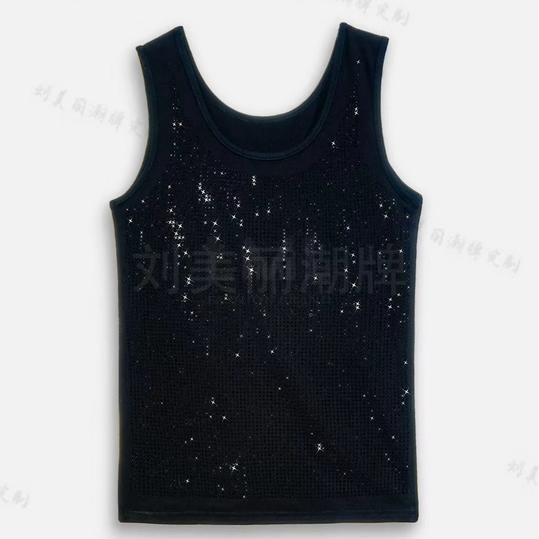 现货丽丽家 满身烫钻宽肩带百搭洋气背心