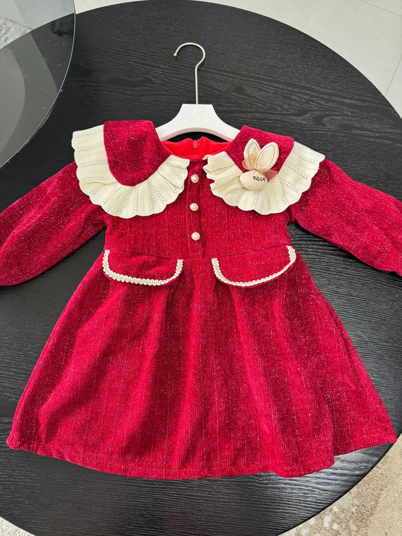 女童加绒公主裙宝宝周岁礼服2024新款儿童冬季红色拜年服连衣裙