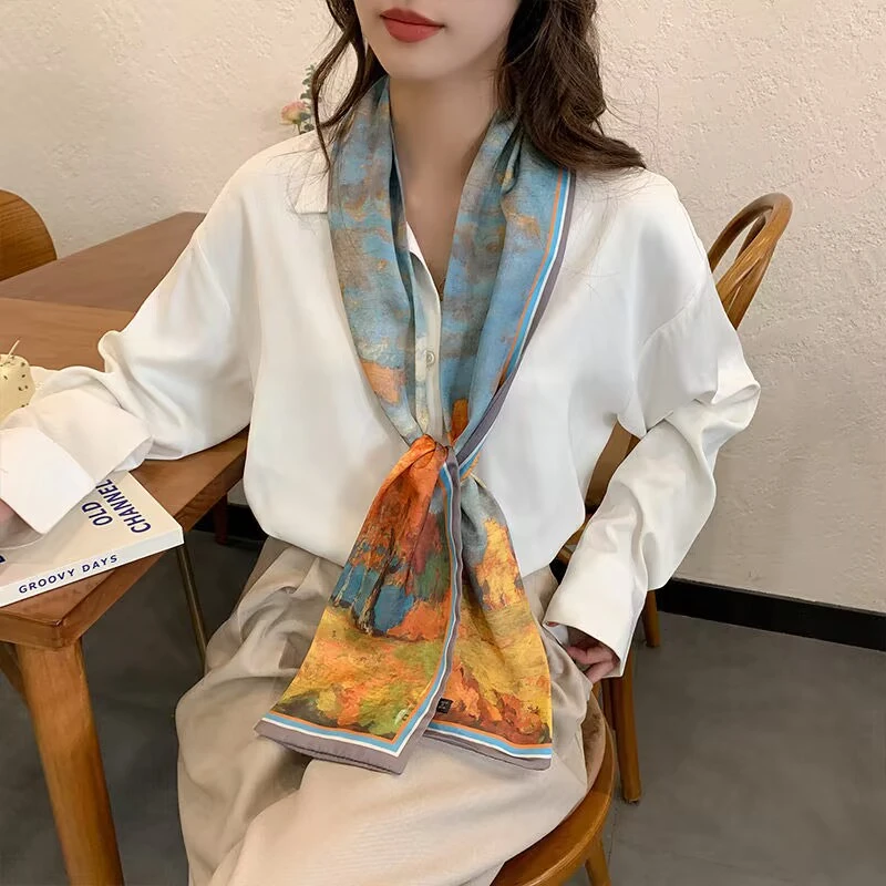 春夏季薄款细窄长条小丝巾女洋气时尚百搭装饰双面长方形围巾-YZ