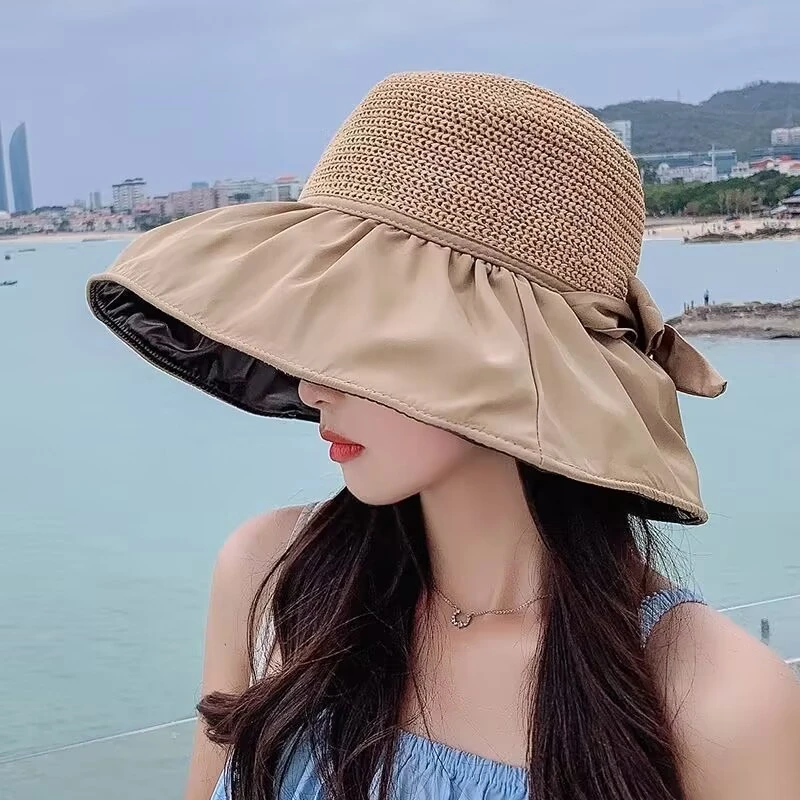 春夏遮阳帽防晒女夏季百搭镂空遮脸透气防紫外线蝴蝶黑胶大檐草帽
