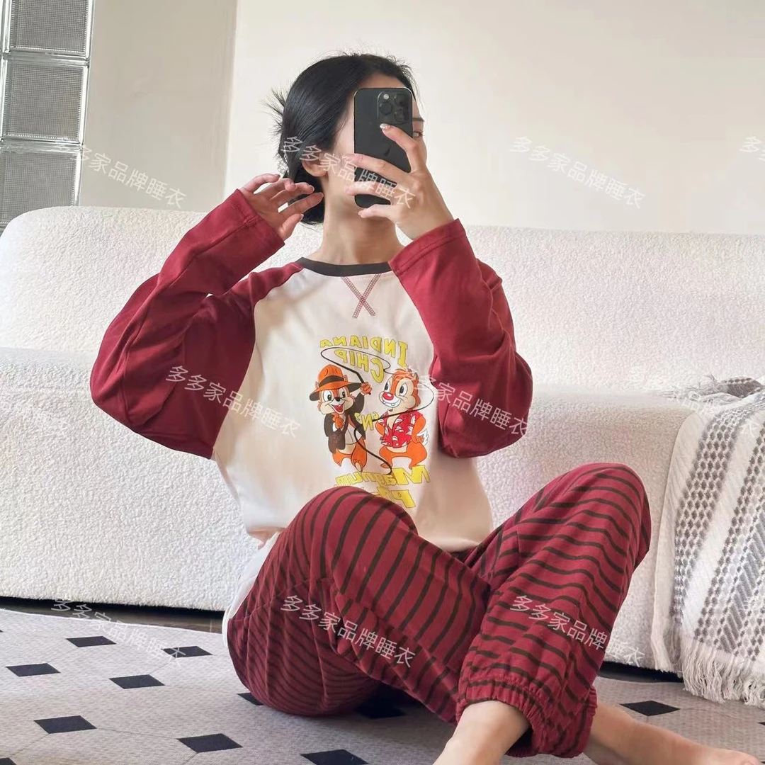 品牌女士全棉睡衣套装春秋季红色插肩松鼠长袖长裤家居服-A104