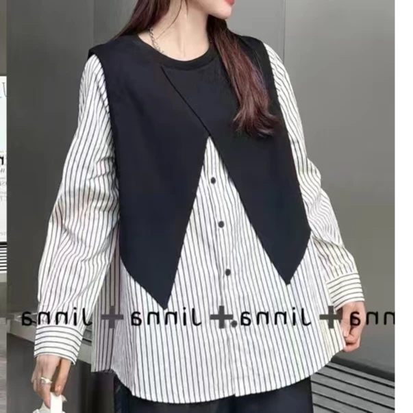 秋季假两件拼接长袖休闲百搭韩版撞色气质老钱风松弛感女装贵气