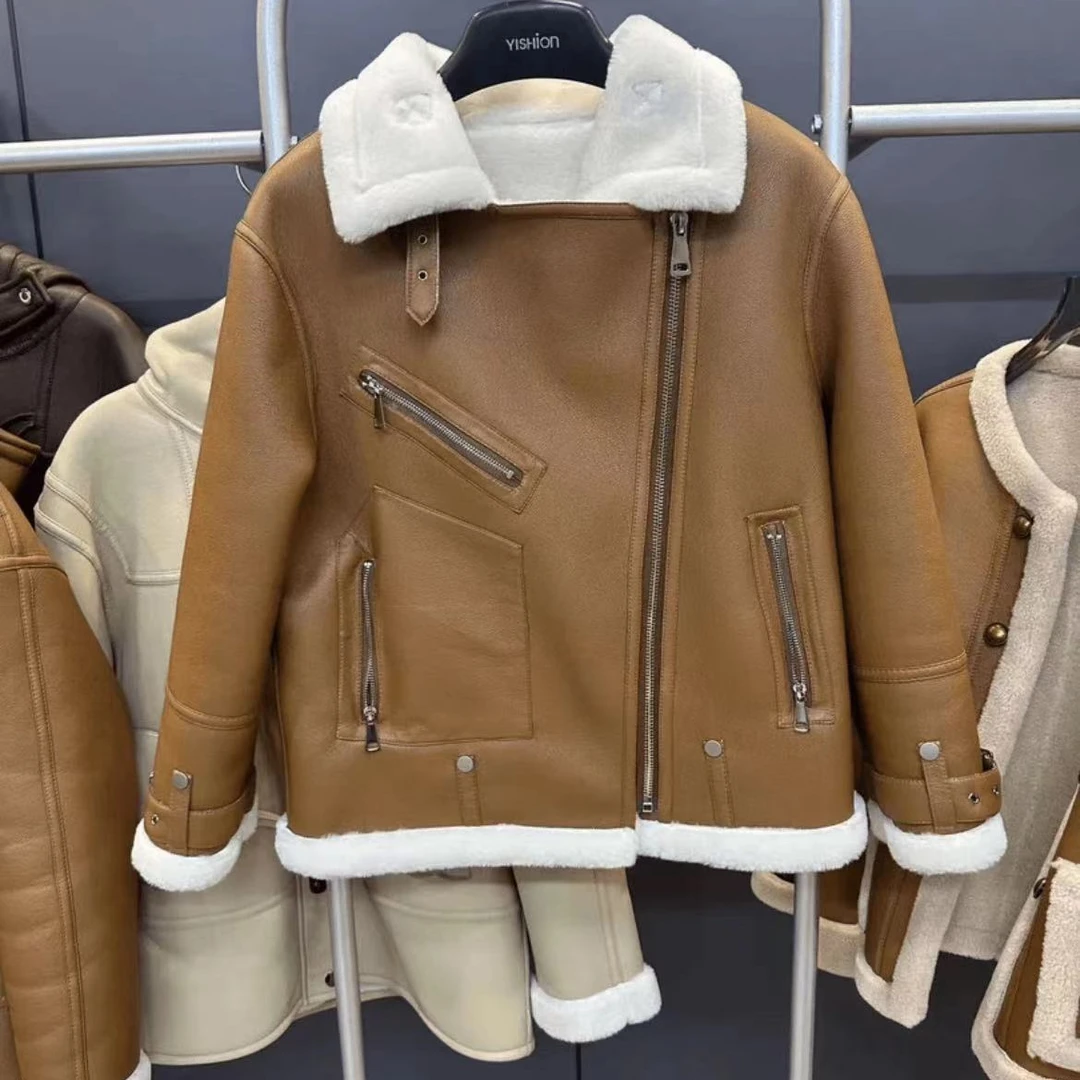 【瑕疵】皮毛一体女外套【6622】棕色皮外套女装夹克时尚加绒加厚秋冬