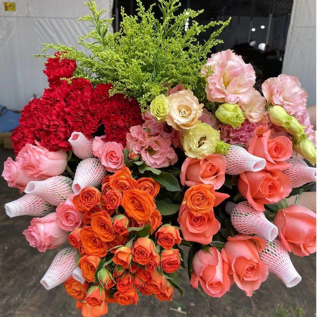 粉玫瑰6枝+康乃馨10枝+橙芭比3枝+洋桔梗200克+配草5枝 云南鲜花