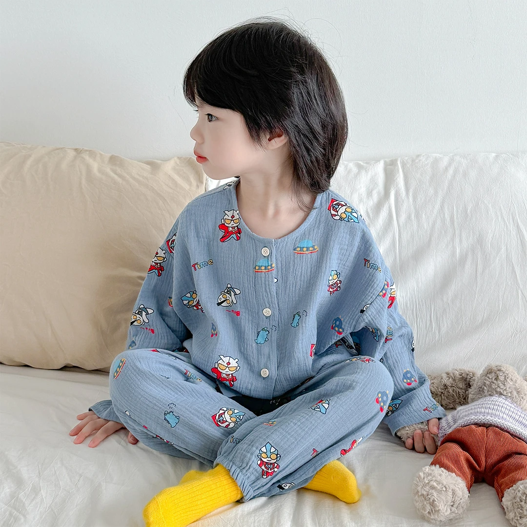 ins秋冬儿童纯棉薄款长袖纱布睡衣男童恐龙家居服女童空调服套装