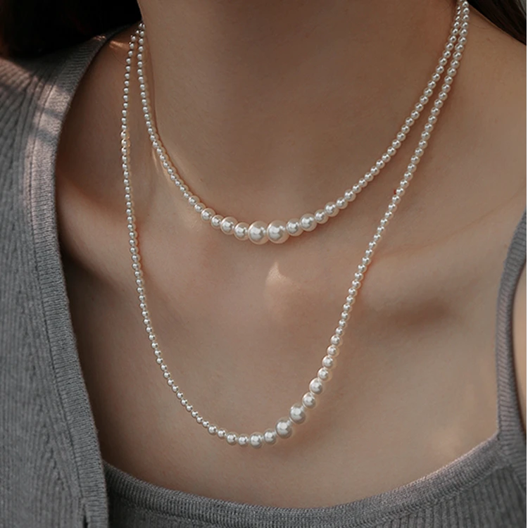 非金属仿珍珠项链 双层叠戴珠珠项链轻奢气质秋冬长款毛衣链礼物