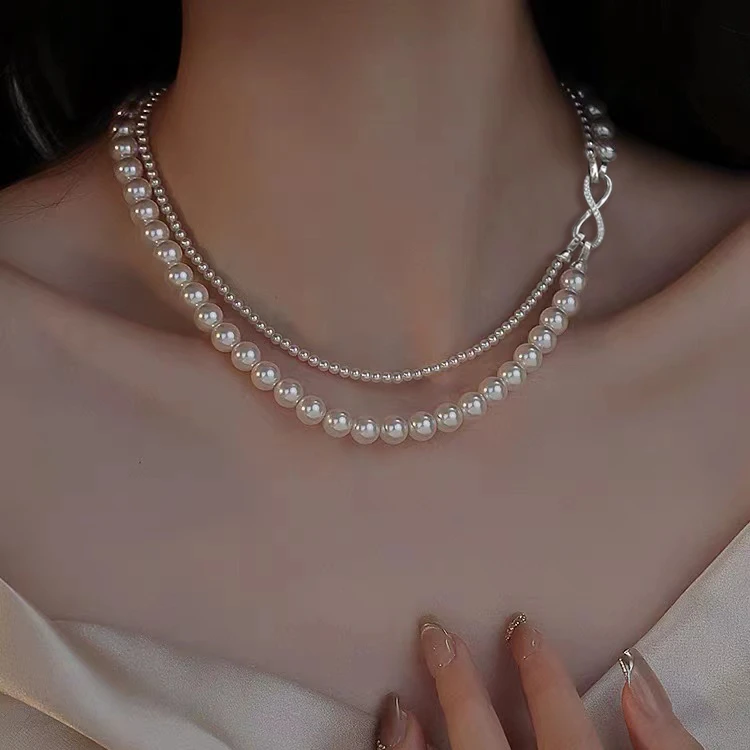 非金属仿珍珠项链 可拆分双层叠戴8字扣珠珠项链秋冬毛衣链礼物