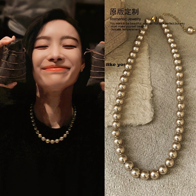 非金属仿珍珠项链 倪妮同款香槟色施家珠珠项链女小众轻奢高级感