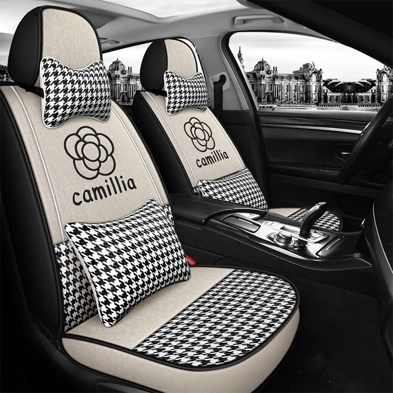 汽车座套千鸟格透气四季轻奢夏天山茶花汽车座套五座车通用全包