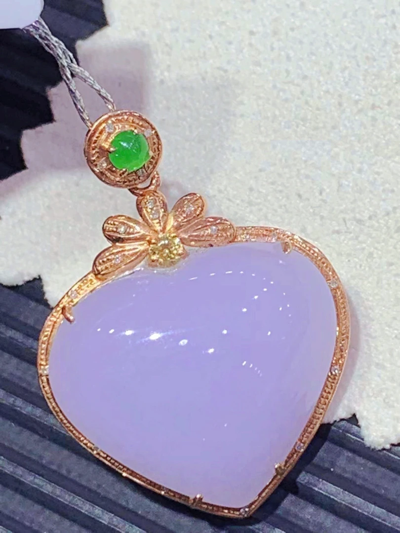 18K金镶嵌天然翡翠紫罗兰爱心吊坠紫色时尚精美女士