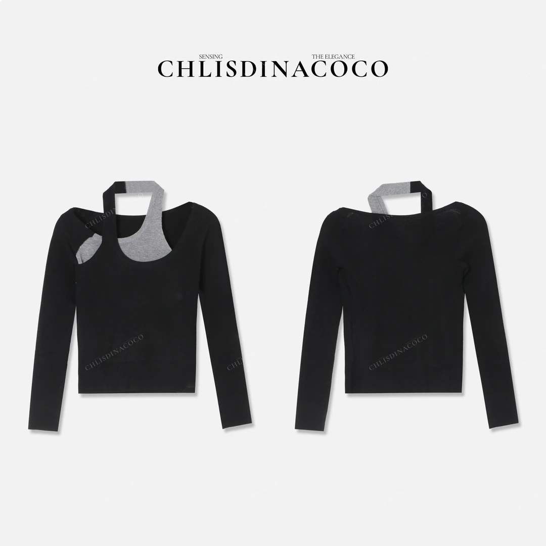 Chlisdinacoco”悻虞嚟云“撞色不规则挂脖长袖针织衫 C36087MY243