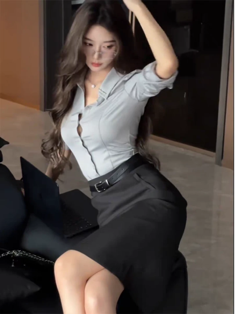 御姐气质修身收腰长袖衬衫上衣+高腰开叉辣妹包臀裙半身短裙套装