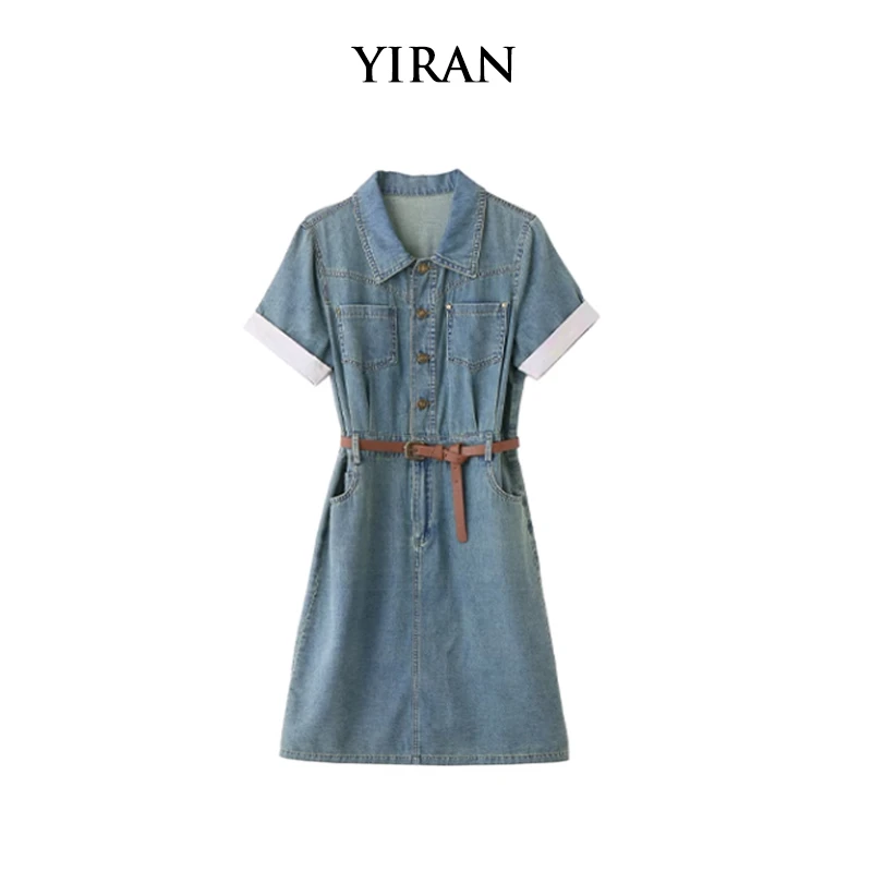 YIRAN/奕冉港味复古牛仔连衣裙女夏装新款小个子减龄收腰显瘦裙子