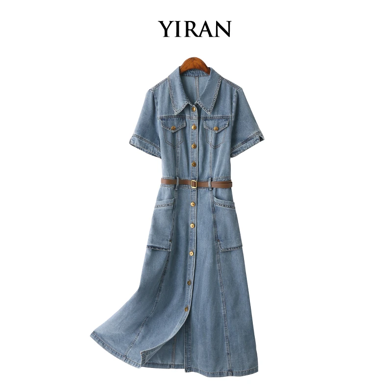 YIRAN/奕冉蓝色复古牛仔连衣裙女夏款港味复古收腰显瘦高端衬衫裙