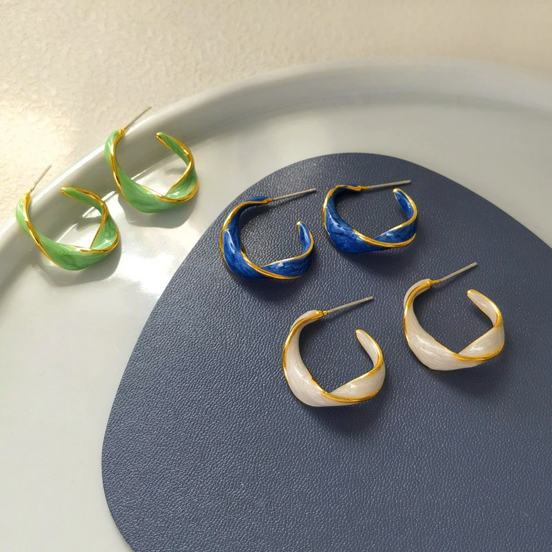 铜合金耳饰 麻花C字耳圈ins风气质耳饰复古滴油耳钉T612