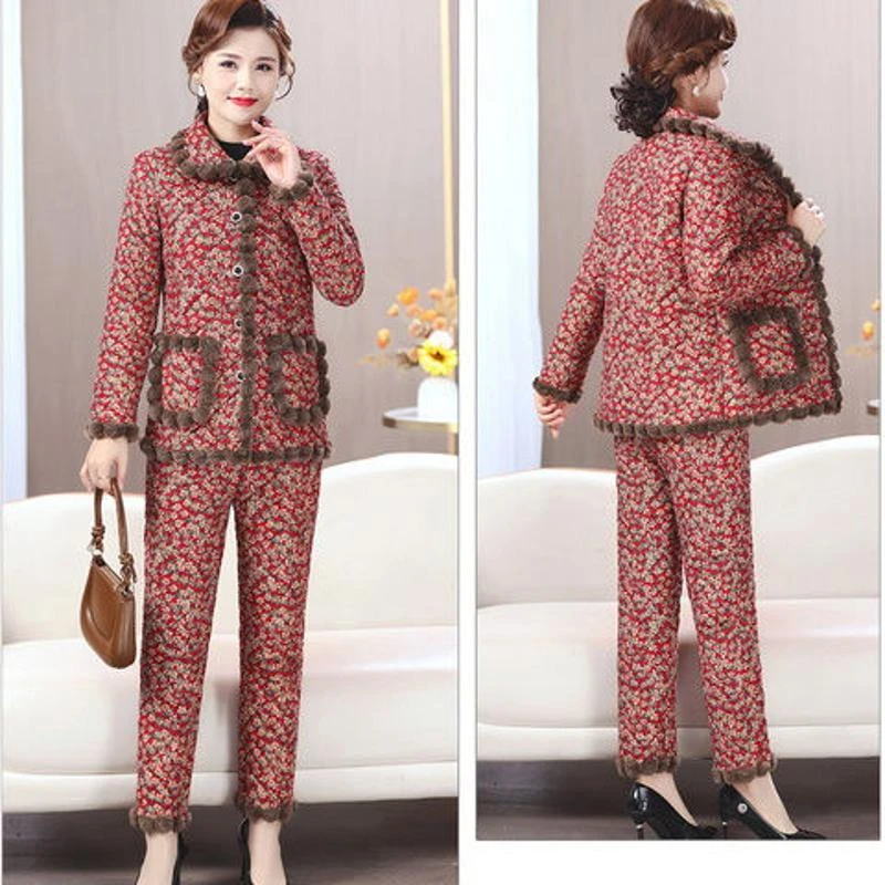啄木鸟高贵妈妈装加绒加厚保暖棉衣套装冬季新款洋气中老年女士显