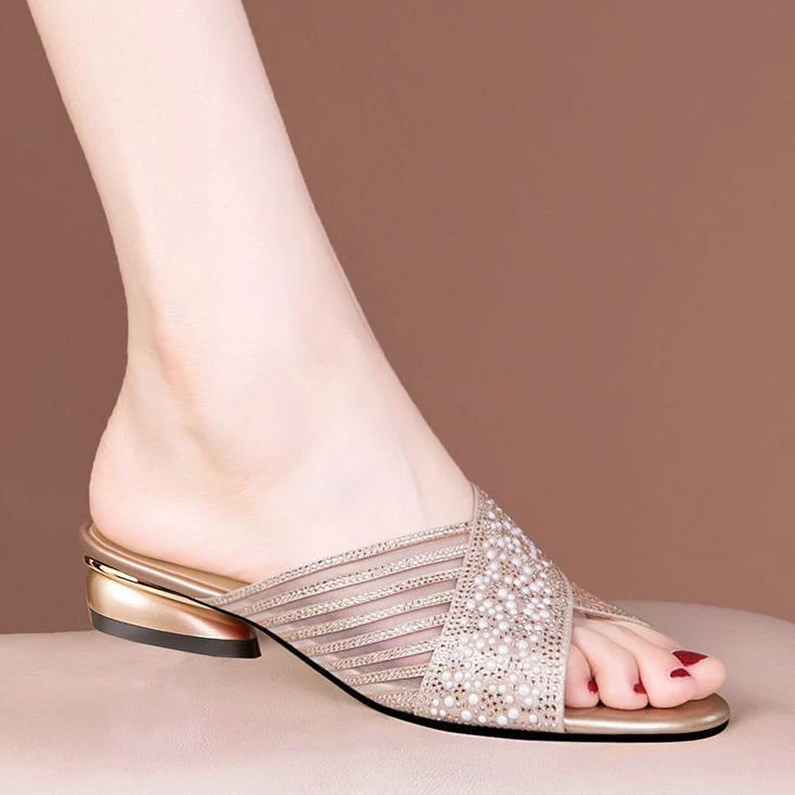 正品真皮网纱水钻鱼嘴一字拖女2024夏季新款气质百搭外穿低跟凉拖