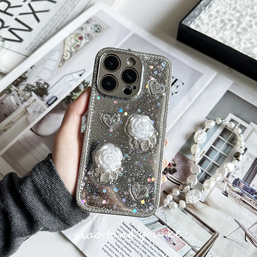 小香风立体水钻山茶花全包手机壳适用苹果iPhone华为小米OPPOvivo