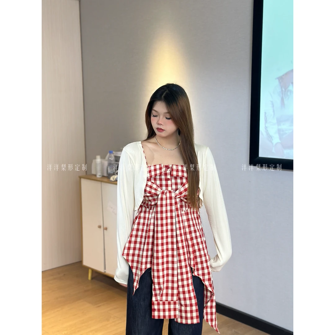 《洋洋定制》大码辣妹红色格子不规则设计感裹胸吊带抹胸上衣女夏装