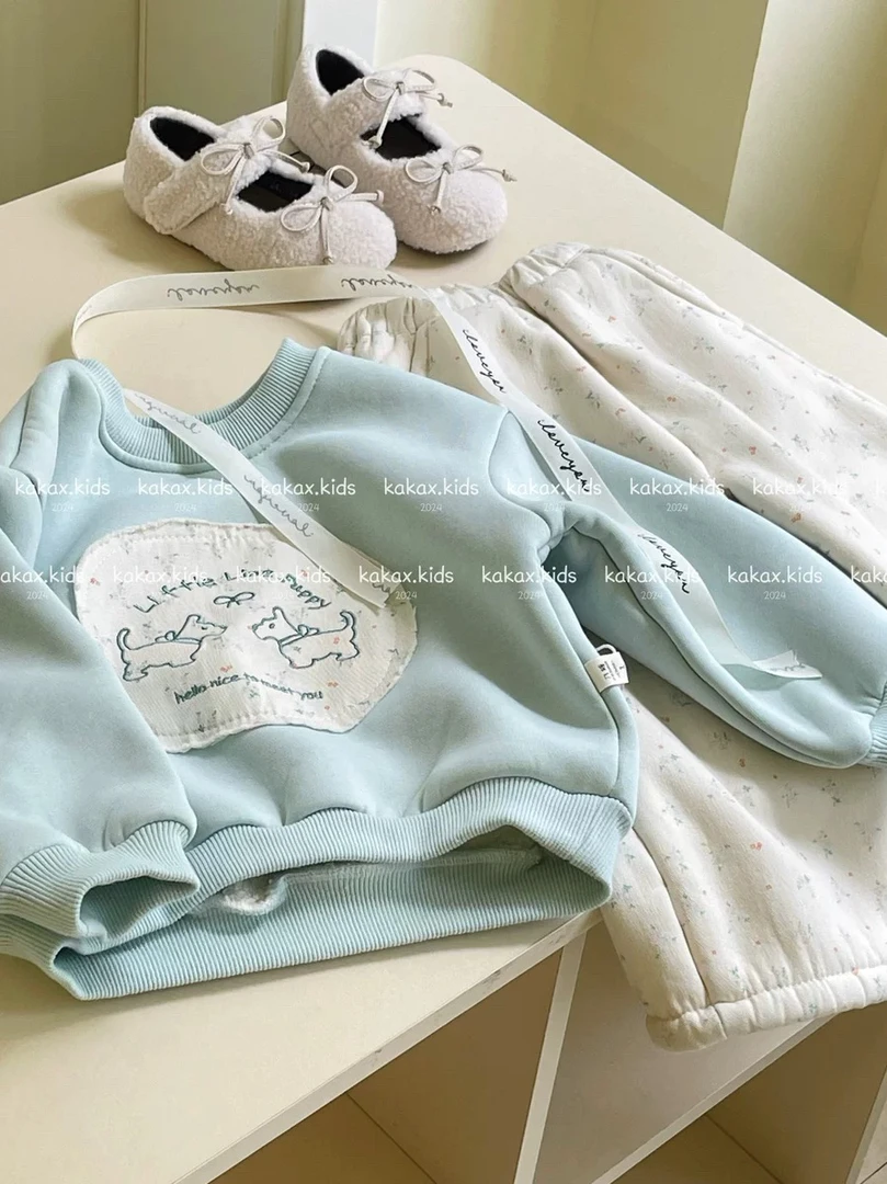 2159冬款新品刺绣狗狗贴布卫衣碎花裤加厚绒内里套装加厚升级款