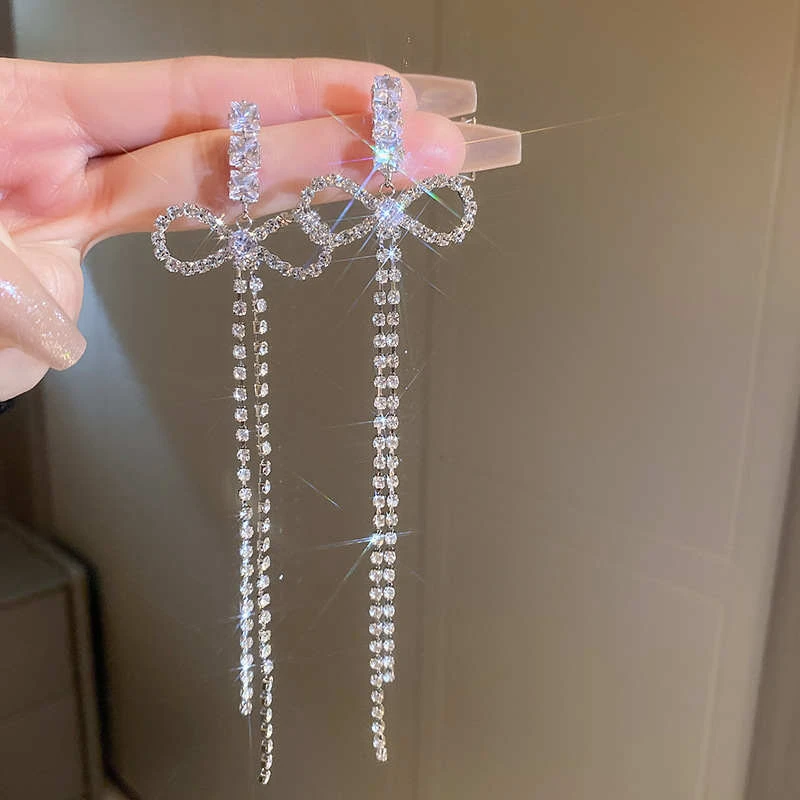 铜合金合成锆石耳饰 银针锆石蝴蝶结耳环长款流苏耳坠网红耳钉