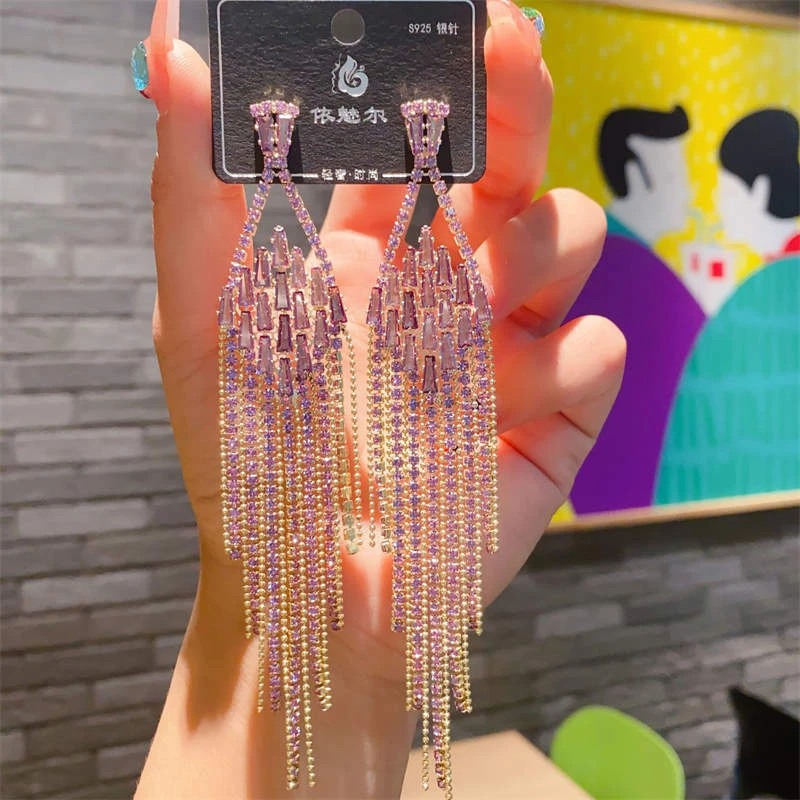 铜合金合成锆石耳饰 流苏耳环新款菱形满钻彩色长款轻奢锆石耳环