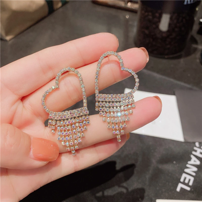 合金耳饰 小众设计感水钻爱心流苏耳环女气质百搭轻奢耳钉耳饰品