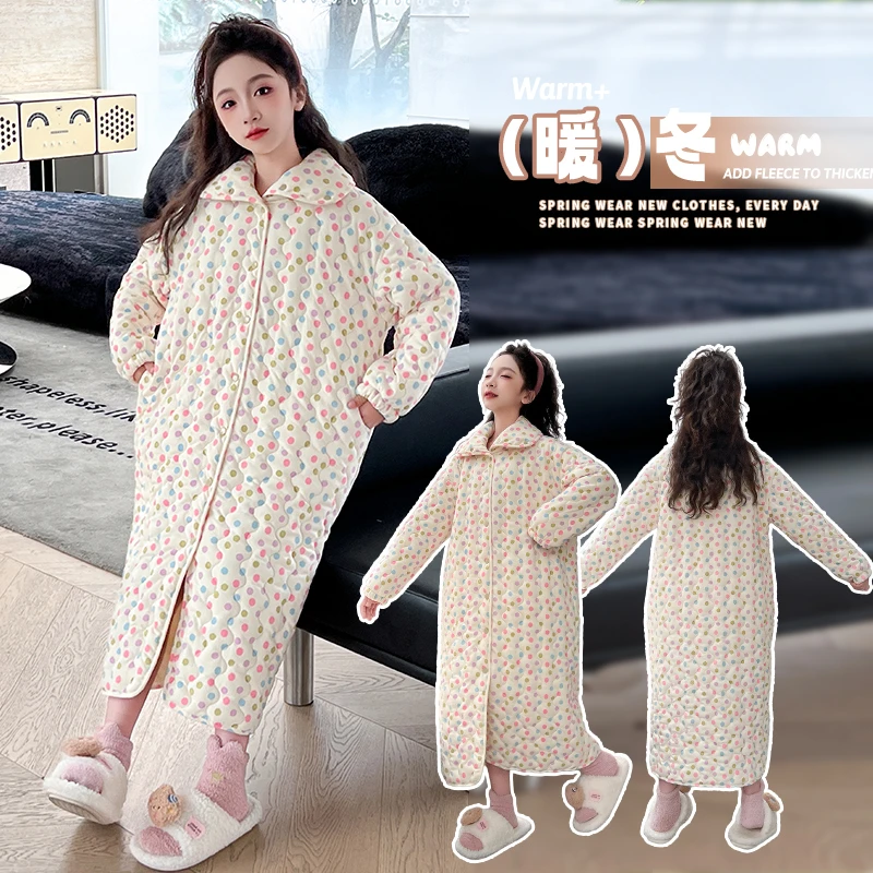 女童保暖套装睡袍宽松加厚连帽加绒加厚冬装家居服甜美韩版SQ1019